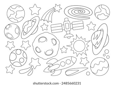 Vector black and white planets for children. Outline illustration of the Earth, Sun, Moon, Venus, Mars, Jupiter, Mercury, Saturn, Neptune, comet, satellite, rockets. Space coloring book for children.