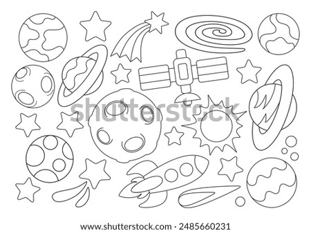 Vector black and white planets for children. Outline illustration of the Earth, Sun, Moon, Venus, Mars, Jupiter, Mercury, Saturn, Neptune, comet, satellite, rockets. Space coloring book for children.