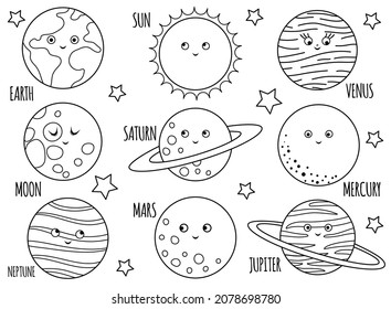 Vector black and white planets set for children. Outline illustration of smiling Earth, Sun, Moon, Venus, Mars, Jupiter, Mercury, Saturn, Neptune. Space coloring page for kids.
