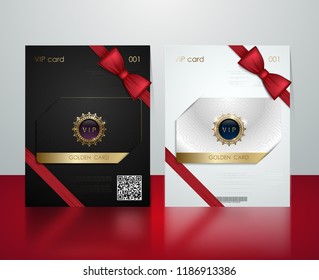 Vector black and white plastic vip card presentation golden frame. Membership or discount card. Luxury club ticket silver coupon. Vip jewel card on glossy background. Gift card voucher red bow ribbon