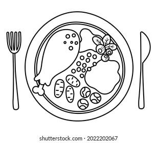 Vector black and white plate with traditional Thanksgiving meal, fork and knife. Outline roast turkey with cranberry sauce. Christmas or Thanksgiving festive food. Holiday outline meal illustration
