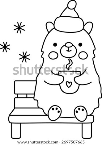 Vector black and white polar bear in warm hat drinking hot drink. Christmas animal sitting on bench clipart. Cute new year illustration for kids. Winter holiday line icon, coloring page