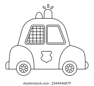Vector black and white police car. Funny line transportation for kids. Cute vehicle clip art. Special transport icon or coloring page isolated on white background
