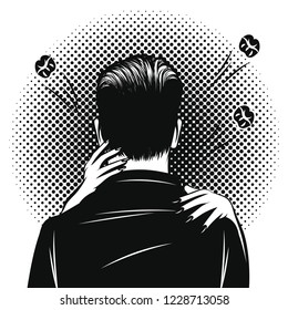 Vector black and white pop art comic style illustration of a woman hugging a man. Romantic date with hugs and kisses. Love hugs. Valentines day card design. A man with womans hands on his shoulders