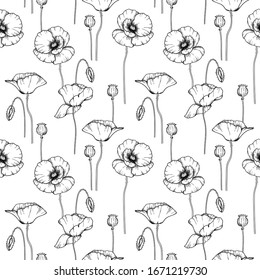 vector black and white poppy flowers pattern 