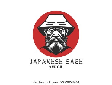 Vector black and white portrait of a bearded elderly Japanese sage in a hat. Red circle. White isolated background.