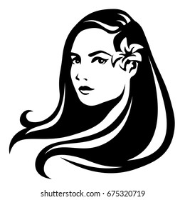 Vector black and white portrait of a beautiful young woman with flower behind the year.