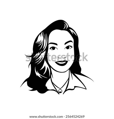 Vector black and white portrait of a beautiful smiling woman with long hair.