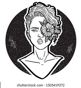 Vector Black and White Portrait Illustration Beautiful Girl With Flower on Her Face