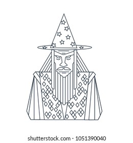 Vector black and white portrait of old magician with beard and magic hat isolated at white background. Line art illustration.