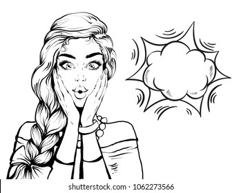 Vector Black and white poster of beautiful woman face in pop art style isolated on white background. Pretty emotional woman in retro style is surprised