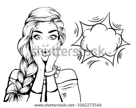 Vector Black and white poster of beautiful woman face in pop art style isolated on white background. Pretty emotional woman in retro style is surprised