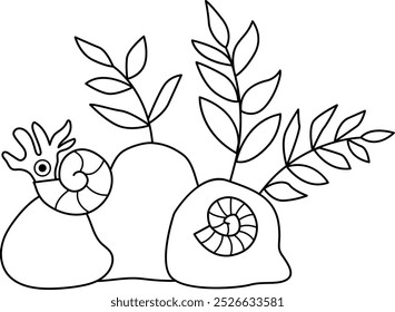 Vector black and white prehistoric marine composition with rock, seaweeds, seashell, sea plants, ammonite. Mermaid or dinosaur land concept. Ancient ocean or sea life nature decoration
