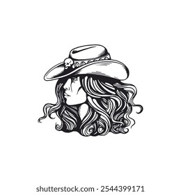 Vector black and white profile illustration of a girl with black hair and wearing a cowboy hat with a decorative skull, made in the style of a handmade western.