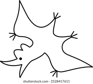 Icono de pterodáctilo blanco y negro de Vector. Lindo dinosaurio con alas ilustración para niños. Divertido Clipart de línea dino para niños aislados sobre fondo blanco. Dibujos prehistóricos para colorear