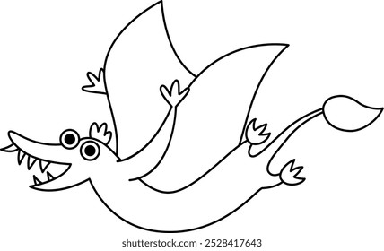 Icono de pterodáctilo blanco y negro de Vector. Lindo dinosaurio con alas ilustración para niños. Línea divertida Clipart dino para niños aislados en blanco. Dibujos prehistóricos para colorear