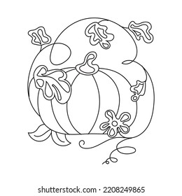 Vector black and white pumpkin with curls and leaves in a flat style. The illustration is suitable for decorating a Halloween holiday, menu, food, coloring book.