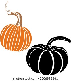 Vector black and white pumpkin icon in a flat style. The illustration is suitable for decorating a Halloween holiday, menu, food. Hand drawn
