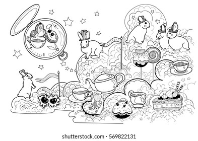 
vector black and white rabbits with mad tea party, clock, cakes and sweets on star cloud