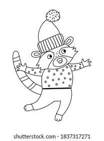Vector black and white raccoon in hat and sweater. Cute winter animal illustration. Funny Christmas card design. New Year line icon with smiling character
