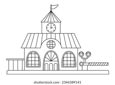 Vector black and white railway station icon. Railroad train waiting building with clock tower, semaphore and barrier. City or countryside transportation line clipart or coloring page
