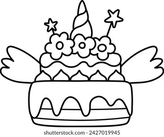 Vector black and white rainbow colored cake with unicorn horn, stars and wings. Fairytale themed birthday dessert. Cute magic candy bar design. Sweet bakery line icon or coloring page
