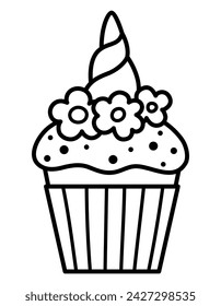 Vector black and white rainbow cup cake with unicorn horn and flowers. Fairytale themed birthday dessert. Cute magic candy bar line design element. Sweet cupcake icon or coloring page
