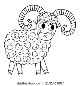 Vector black and white ram icon. Cute cartoon male sheep line illustration for kids. Farm animal isolated on white background. Colorful cattle picture or coloring page for children
