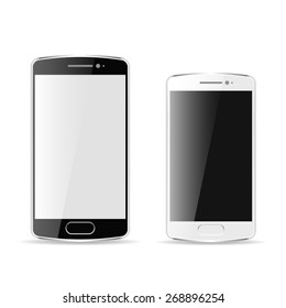 Vector black and white realistic mobile phones, modern digital devices