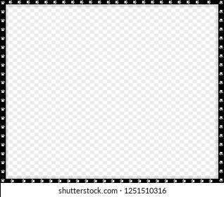 Vector black and white rectangle border made of animal paw prints on transparent background. Copy space template, border, framework, photo frame, poster, banner, cats or dogs paws walking track.