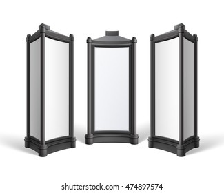 Vector Black White Rectangular Retro Poster Stands Pillars for Outdoor Advertising Front Side View Isolated on Background