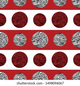 Vector Black White Red Abstract Circles on Stipes Seamless Repeat Pattern