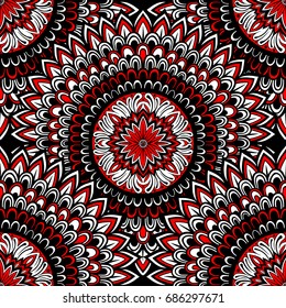 Vector Black White and Red Abstract Mandala Seamless Pattern