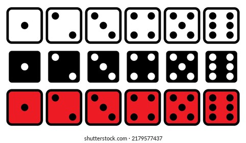 Vector black, white and red dice cubes icons set isolated on white background