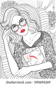 
vector black and white and red lips, beautiful girl resting for reading magazines about fashion