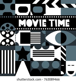 Vector black and white retro cinema concept. Design elements and background for movie festival poster, entrance ticket, flyer. Trendy geometric pattern for fashion textile prints, fabric.
