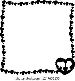 Vector black and white retro vintage border photo frame of hearts with big heart silhouette and loving couple in corner. Monochrome template for Valentines day or wedding invitation, album element