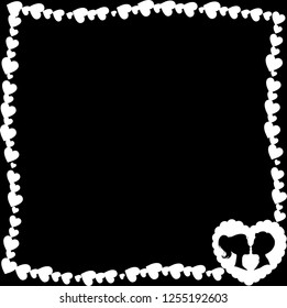 Vector black and white retro vintage border photo frame of hearts with big wavy heart silhouette and loving couple in corner. Monochrome template for Valentine day greeting card, scrapbook element