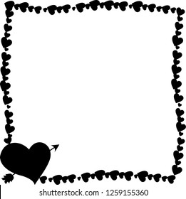 Vector black and white retro vintage border photo frame made of hearts with arrow pierced heart in corner. Monochrome template with copy space for Valentine day, marriage invitation, greeting card