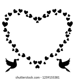 Vector black and white retro vintage heart shaped border photo frame of hearts with loving doves couple pigeons silhouette. Monochrome template for Valentines day, wedding invitation, scrapbook print.
