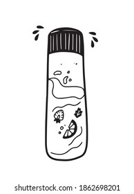 Vector black and white reusable bottle with water with fruits and berries. Healthy lifestyle, zero waste, vegan food