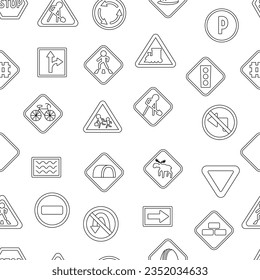 Vector black and white road signs seamless pattern. Line railway and traffic street repeating background. Cute highway rules coloring page with traffic lights, stop, arrows
