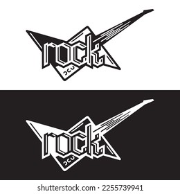 Vector black and white rock music typographic logo with electric guitar.