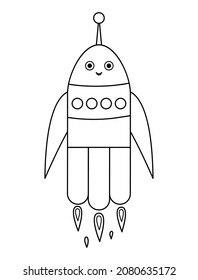 Vector black and white rocket illustration for children. Outline smiling spaceship icon isolated on white background. Space exploration coloring page for kids
