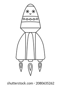 Vector black and white rocket illustration for children. Outline smiling spaceship icon isolated on white background. Space exploration coloring page for kids
