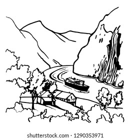 Vector black and white. Rocks motor ship river. Beautiful landscape