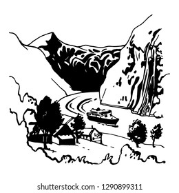 Vector black and white. Rocks motor ship river. Beautiful landscape
