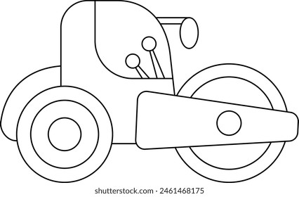 Vector negro y blanco coche de rodillos. Sitio de construcción, icono plano de la obra de carretera. Clipart de transporte de edificios. Linda ilustración de transporte especial. Página para colorear tractor de rodadura de carretera para niños

