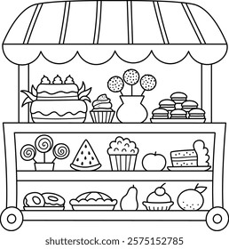 Vector black and white rolling snack cart with wheels. Candy shop line icon. Cartoon sweets stand illustration, coloring page. Pastry or bakery trolley clipart. Mobile vending stall, food trailer