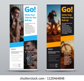 Vector black and white roll-up banner with place for photo. A template with blue and orange elements for sport advertising. Set